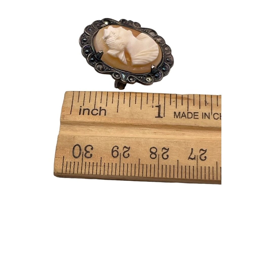VINTAGE STERLING SILVER MARCASITE AND CARVED SHELL WOMAN CAMEO PIN BROOCH ‎ READ - Picture 7 of 9